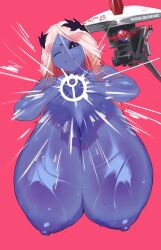 black_sclera blonde_hair blue_skin breasts daree_(duffmox) duffmox gigantic_breasts heart_hands long_hair looking_at_viewer pink_hair tau topless warhammer_(franchise) warhammer_40k white_eyes