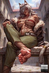 1girls abs ai_generated animal_ear_fluff animal_ears bandeau bare_shoulders barefoot belt breasts cat_ears cat_tail choker crossed_legs dark-skinned_female dark_skin eyepatch feet foot_focus fur-trimmed_jacket fur_trim ghislaine_dedoldia green_pants grey_hair hand_on_own_knee highleg highleg_panties jacket large_breasts long_hair looking_at_viewer muscular muscular_female mushoku_tensei navel obliques off_shoulder one-eyed outdoors panties pants philon red_choker red_eyes scar scar_on_cheek scar_on_face scar_on_stomach sitting soles solo stable_diffusion sweat tail toenails toes underboob underwear