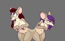 anthro black_eyes breasts buckteeth conjoined conjoined_at_butt duo female fur genitals grumpy hair happy mammal mouse murid murine nude open_mouth purple_hair pussy red_hair rodent tan_body tan_fur teeth theyton