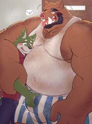 2021 5_fingers anthro anthro_on_anthro arm_grab arm_hair beard biceps blue_clothing blue_underwear blush body_hair boxers_(clothing) brown_body brown_ears brown_fur bulge bulge_grab canid canine chest_hair clothed clothing duo facial_hair fingers fuel_gauge fur green_body green_ears green_fur hand_on_arm hand_on_bulge larger_male male male/male male_only mammal meter multicolored_clothing musclegut nullraihigi open_mouth open_smile pattern_clothing pattern_underwear pictographics red_clothing red_topwear size_difference smile speech_bubble striped_clothing striped_underwear stripes suid suina sus_(pig) tongue tongue_out topwear two_tone_clothing underwear wild_boar