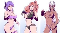 3girls alternate_costume ayane_(doa) big_breasts bikini breasts brown_eyes cleavage cleavage_cutout clenched_hands clothing_cutout collage dark-skinned_female dark_skin dave_cheung dead_or_alive fighting_stance gem gloves hair_ornament hair_up halterneck headband honoka_(doa) impossible_clothes jewelry la_mariposa large_breasts lisa_hamilton long_hair mask medium_breasts micro_bikini multiple_girls navel necklace one_side_up pearl_necklace pink_hair purple_hair red_eyes revealing_clothes side_ponytail single_glove skull_hair_ornament skull_ornament swimsuit underboob venus_bikini wrestling_mask
