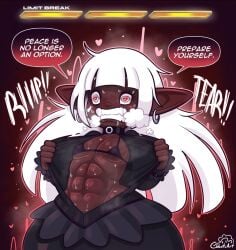 abs bangs black_choker choker cobatsart crazy_eyes dark-skinned_female dark_knight dark_skin dialogue ear_piercing ebony elf_ears foaming_at_the_mouth heart heart-shaped_pupils heart_eyes heart_symbol hearts hearts_around_head horny horny_female lalafell limit_break long_hair mary_muffin_(cobatsart) red_background ripped_clothing ripping_clothing sexually_frustrated_female shortstack solo solo_female sweat sweaty tiny_breasts video_game_mechanics white_eyes white_hair