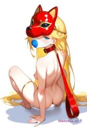 1girl adult ai_assisted ai_generated beautiful blond blue_eyes collar gold_chain hair_down hands_between_legs illustration knees_apart latex_mask leash_in_mouth looking_at_viewer looking_over_shoulder naked no_background nude on_knees red_collar seductive_face sexually_suggestive sexy_pose short_girl showing_ass slender_body small_boobs thigh_cuffs view_from_behind white_background