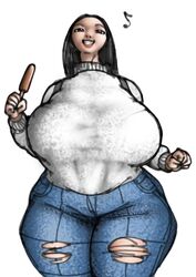 1girls bbw big_breasts busty clothed curvy huge_areolae huge_breasts large_breasts ling looking_at_viewer original original_character plump plumperpass popsicle ripped_pants simple_background smiling smiling_at_viewer solo_female staring_at_viewer sweater thick thick_thighs white_background