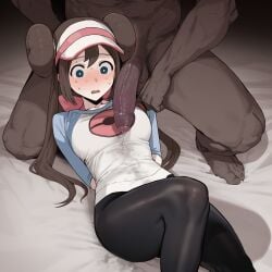 ai_generated big_eyes big_penis black_pants brown_hair dark-skinned_male foreskin hair_bun hat large_penis laying_on_back laying_on_bed looking_at_penis open_mouth penis pokemon precum precum_drip precum_string rosa_(pokemon) scared scared_expression squatting stained_clothes sweat sweatdrop thick_thighs veiny_penis wide_hips