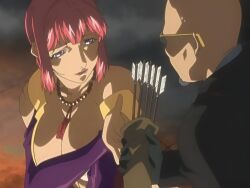 00s 1boy 1girls 2007 arrow_(projectile) arrows ass bald bare_shoulders bead_necklace beads bible_black bible_black_new_testament breasts detached_sleeves dressing_up facial_hair female formal_clothes goatee jewelry large_breasts lipstick long_sleeves makeup mature_female milf monk necklace nipples nun open_clothes purple_eyes putting_clothes_on red_hair religious revealing_clothes screenshot shin_bible_black shoes short_hair suit sunglasses tagme takashiro_hiroko tight_clothes wide_hips yuge_toru