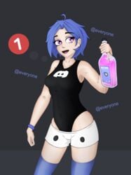 1girls blue_hair bob_cut bottle clothed clothes clothing discord-tan discord_(app) female female_only girl human humanized humanoid kineris_(artist) leotard looking_at_viewer pink_eyes shorts site-tan stockings swimsuit tagme thick_thighs thighs