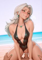 1boy 1girl ai_generated beach black_cat_(marvel) black_cat_(marvel_rivals) black_one-piece_swimsuit blurry blurry_background blush breasts breath cleavage closed_mouth clothed_sex clothing_aside collarbone cowgirl_position cum cum_in_pussy day earrings erection explicit felicia_hardy girl_on_top green_eyes green_nails grey_hair hetero jewelry lips long_hair marvel marvel_rivals medium_breasts nail_polish necklace nuageeart ocean one-piece_swimsuit outdoors overflow pearl_necklace penis pov pussy rolling_eyes sex smile solo_focus spread_legs straddling sweat swimsuit swimsuit_aside thigh_grab trembling uncensored vaginal veins white_hair