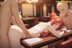 1girl 2boys 2girls ahoge ai_generated ass bald bare_shoulders bent_over blue_eyes blush book bottomless bra braid breast_press breasts choker clothed_female_nude_male doggystyle faceless faceless_male glasses go-toubun_no_hanayome hair_bun hair_ornament hairclip hetero indoors itsuki_nakano large_breasts long_hair medium_breasts multiple_boys multiple_girls nakano_itsuki nivora nude open_mouth paper red_hair semi-rimless_eyewear sex sex_from_behind shirt short_hair single_hair_bun sports_bra standing star_(symbol) star_hair_ornament table two-tone_sports_bra underwear vaginal watch