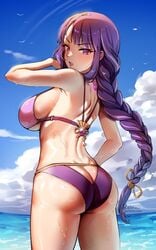 1girls anime_style bikini foxy_rain_(foxyreine) foxyrain_(foxyreine) foxyreine genshin_impact looking_at_viewer looking_back looking_back_at_viewer purple_hair raiden_shogun sea solo solo_female tagme