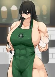 abs apron apron_only black_eyes black_hair breasts busty color female huge_breasts iced_latte_with_breast_milk large_breasts long_hair looking_at_viewer meme muscles musctonk muscular_female naked_apron solo starbucks