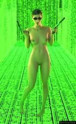 1girls 3d bare-faced-cheek black_hair breasts female gun nipples nude pussy short_hair solo sunglasses the_matrix trinity_(the_matrix)