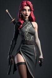 1girl ai_generated asian_clothing black_dress black_lips black_lipstick black_thighhighs blue_eyes busty clothed clothing earrings fortnite gun katana original original_character pale_skin ponytail red_hair redhead safe_for_work solo solo_female stockings thigh_highs thighhighs