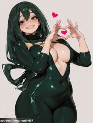 1girl ai_generated arlequin097 asui_tsuyu black_eyes blush bodysuit boku_no_hero_academia breasts center_opening cleavage covered_navel cowboy_shot curvy eyelashes green_bodysuit green_eyes green_hair grey_background grin hair_between_eyes hair_rings heart heart_hands large_breasts lips long_hair looking_at_viewer low-tied_long_hair my_hero_academia patreon_username simple_background skin_tight smile solo teeth thick_thighs thighs tsuyu_asui wide_hips
