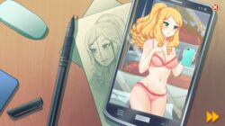 1girls blonde_hair blush charlotte_(college_life) college_life green_eyes hi_res nutaku selfie uncensored underwear