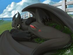 absurd_res animal_genitalia anus black_body black_claws black_tail black_wings building butt claws cloud detailed_background dragon dreamworks european_mythology fence feral field finger_claws fury_(httyd) genital_slit genitals grass green_eyes hand_on_chest head_on_hand hi_res house how_to_train_your_dragon lying lying_on_ground male membrane_(anatomy) mythological_creature mythological_scalie mythology night_fury on_ground on_side pathway penis plant presenting presenting_anus presenting_hindquarters presenting_penis red_anus red_penis rellen_(character) reptile road scales scalie sky smile solo spread_legs spread_wings spreading tail uzu western_dragon wings