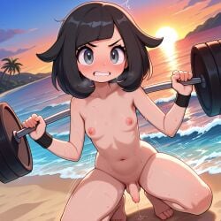 1futa 2026 ai_generated balls bangs beach black_hair breasts clenched_teeth cloud collarbone day dickgirl dumbbell flaccid foreskin full_body futa_only futanari grey_eyes hi_res highres human intersex medium_hair navel nintendo nipples nude ocean open_mouth outdoors palm_tree penis pokemon pokemon_sm precum sand sea selene_(pokemon) sky small_breasts small_penis solo squatting summer sunset sweat sweatdrop testicles tree trembling uncircumcised weightlifting wet wristband young
