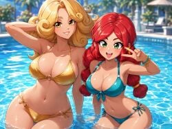 2d 2d_(artwork) 2girls ai ai_generated anime anime_style belly_button bikini bikini_bottom bikini_top brawl_stars breasts breasts_bigger_than_head clash_(series) clash_royale crossover curly_hair curvy curvy_body curvy_female curvy_figure female female_focus female_only friend friends golden_bikini green_eyes hero_musketeer_(clash_royale) high_resolution highres huge_ass huge_breasts jessie_(brawl_stars) larger_female light-skinned_female light_skin looking_at_viewer ponytail pool pose posing posing_for_the_viewer red_hair revealing_clothes smaller_female supercell teal_bikini yellow_eyes