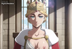 1girl ai_generated anime anime_style artist_name attack_on_titan blonde_hair blue_eyes breasts cape collarbone crown fur_trim hentai hi_res historia_reiss lens_flare looking_at_viewer medium_breasts mystic_maidens nipples one_breast_out patreon shingeki_no_kyojin short_hair smile solo upper_body window