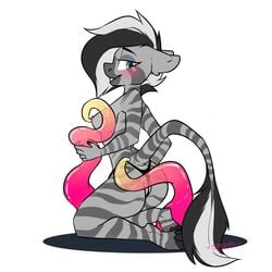 1:1 2021 anthro ass blush breasts clothing equid equine female hasbro hooves itsspoopsb kneeling looking_at_viewer looking_back looking_back_at_viewer mammal my_little_pony simple_background smile solo striped_body stripes tentacle tentacle_grab underwear white_background zarah zebra