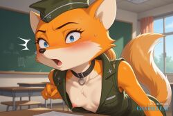 1girl adult ai_assisted ai_generated anthro_fox blushing cartoon classroom cock_in_pussy collar collarbone cowgirl creampie female fox_tail furry grey_dress headshot high_quality inside leaning_forward long_dress long_sleeves looking_at_viewer military_hat moaning orange_fur parted_bangs pencil_dress ponytail pussy_sex saliva shaking side_view sleeveless_dress solo spread_legs squirrel_and_hedgehog surprised