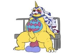 absurd_res anal anal_masturbation animal_skin anthro anus balls bandai_namco belly belly_markings blush bodily_fluids claws collar digimon digimon_(species) dildo erection foreskin fur gabumon genitals hi_res horn humanoid_genitalia humanoid_penis male male_penetrating markings masturbation overweight overweight_male penetration penis reddo12340 scalie sex_toy simple_background slightly_chubby solo striped_body striped_fur stripes tail white_background yellow_body
