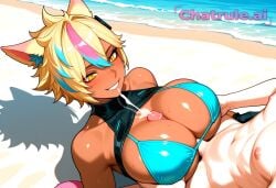 1girl ai_assisted ai_generated beach big_boobs cat_ears cock_between_boobs cum_eruption cum_explosion cumshot cyberpunk dark_skin dark_skinned_female love paizuri pink_tail sand shiny_boobs slit_pupils straddling_paizuri titfuck titjob yaana yellow_eyes