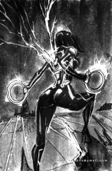 1girls 2011 ass big_ass black_hair bob_cut bodysuit bubble_butt female quorra scruffyronin skin_tight solo traditional_media_(artwork) tron tron_legacy