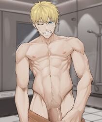 bathroom biskath blonde_hair blue_eyes exibitionism male male_only naruto_(series) naruto_uzumaki penis pubic_hair solo