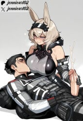 1boy 1girl ai_generated animal_ears arknights arknights:_endfield assertive_female avywenna_(arknights:_endfield) bare_shoulders black_gloves black_hair black_hairband black_pants blonde_hair blush bodysuit breast_sucking breasts closed_eyes closed_mouth clothing cum detached_sleeves ejaculation elbow_gloves erection female female_masturbing_male gloved_handjob gloves gradient_background grey_background grey_gloves hair_between_eyes hairband handjob hetero heterochromia jennieart02 lap_pillow large_breasts large_penis lying lying_on_lap male military military_uniform nursing_handjob on_back pants patreon patreon_logo patreon_username penis penis_out projectile_cum rabbit_ears short_hair sitting smile tactical_clothes twitter twitter_username watermark