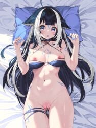 1girls ahoge animated areolae ass_visible_through_thighs bikini bikini_bottom_removed blue_hair breasts female_focus female_only gif large_breasts long_hair looping_animation markings nipples on_back orca_girl painted_fingernails painted_nails pillow purple_eyes pussy shylily solo solo_female swimsuit vtuber waterring