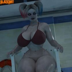 1girls big_breasts blazeart blonde blonde_hair blue_eyes breasts dc dc_comics harleen_quinzel harley_quinn injustice_2 lipstick pantless pigtails solo solo_female vagina warner_brothers