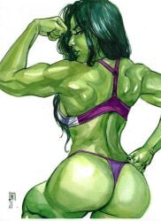 1girls ass big_ass dan_wade female flexing green_skin marvel muscular muscular_female she-hulk solo traditional_media_(artwork)