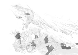 1boy 1girl barbara_(genshin_impact) barbatos_(genshin_impact) face-to-face female genshin_impact hand_on_face male male/female on_back romantic straight suggestive surprised surprised_expression venti_(archon)_(genshin_impact) venti_(genshin_impact) wings