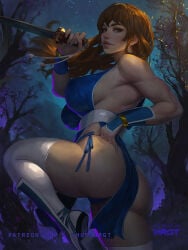 1girls ass big_breasts blue_panties blue_underwear breasts brown_eyes brown_hair dead_or_alive female japanese_clothes kasumi_(doa) kunoichi large_breasts long_hair ninja panties pantyshot pantyshot_(standing) shurakrgt sideboob thighhighs underwear white_thighhighs