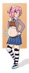 doki_doki_literature_club holding_pregnant_belly looking_down looking_down_at_self natsuki_(doki_doki_literature_club) pink_eyes pink_eyes_female pink_hair pink_hair_female pregnant pregnant_belly pregnant_female solo solo_female thenypod4