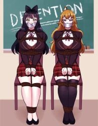 2girls black_hair blake_belladonna blonde blonde-haired_female blonde_female blonde_hair bondage bondage_gear bondage_harness bound bound_and_gagged bound_ankles bound_arms bound_hands bound_legs bound_to_chair bound_torso bound_wrists purple_eyes rwby school_uniform schoolgirl schoolgirl_uniform stockings tape tape_gag taped_mouth tied tied_arms tied_hands tied_legs tied_to_chair tied_up yang_xiao_long yellow_eyes yellow_hair