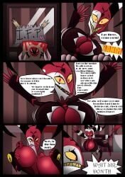 blitzo_(helluva_boss) comic dialogue helluva_boss huge_breasts imp man_boobs man_breasts man_tits moxxie_(helluva_boss) screaming stripes swinbop
