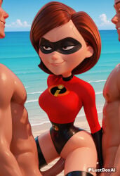 1girls 2boys ai_generated artist_name beach black_gloves black_thighhighs breasts brown_eyes brown_hair clothed_female_nude_male day disney domino_mask elastigirl female_human gloves group_sex helen_parr hetero hi_res latex_gloves leotard lustboxai mask medium_breasts mmf_threesome multiple_boys nude ocean outdoors penis pixar sex short_hair sky smile smirk solo_focus superhero superheroine sweat the_incredibles the_incredibles_2 thighhighs threesome uncensored vaginal water