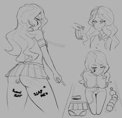 amaredeimus anal_beads blush body_writing collar diana_cavendish embarrassed embarrassed_nude_female little_witch_academia monochrome short_skirt sketch slut_collar slutty_female