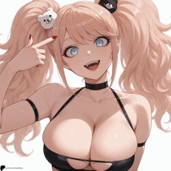 1girl 1girls ai_generated armpit_crease bangs bare_shoulders bear_hair_ornament black_choker blonde_hair blue_eyes breasts choker cleavage collarbone crazy_eyes danganronpa finger_gun fingernails hi_res high_quality high_resolution highres junko_enoshima large_breasts light lips long_hair looking_at_viewer nail_polish nose opal_nemy open_mouth patreon_logo patreon_url patreon_username plain_background red_nails self_upload shadow shiny shiny_clothes shiny_hair shiny_skin simple_background solo tongue twintails upper_body upper_teeth_only watermark white_background