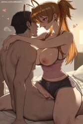 1boy 1girl ai_generated antenna_hair bangs blush breasts breasts_outside brown_hair hair_ribbon heart hetero hi_res high_quality high_resolution highschool_of_the_dead large_breasts long_hair manly nipples nude on_bed patreon penis pussy red_ribbon rei_miyamoto ribbon seductive sex sexy short_shorts shorts sweat thighs uncensored vaginal watermark