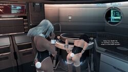 2girls 3d ass ass_focus black_hair bob_cut bunny bunny_ears bunny_girl bunny_tail bunnysuit dark-skinned_female dark_skin elma_(xenoblade_x) female female_focus female_only fishnet_stockings legwear light-skinned_female light_skin lin_lee_koo multiple_girls screenshot white_hair xenoblade_(series) xenoblade_chronicles_x yuri