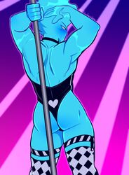 1male ass back blue_skin blush bunnysuit crossdressing fire_hair fnf_entity friday_night_funkin gay littlegeecko male male_only muscular pole_dancing solazar_(sugarratio) stockings white_eyes