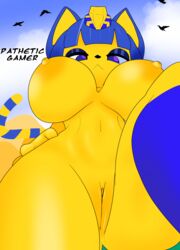 absurd_res animal_crossing ankha anthro big_breasts breasts domestic_cat english_text felid feline felis female frown fur furry furry_only genitals hi_res huge_breasts looking_at_viewer looking_down low-angle_view mammal naked nintendo nude pussy raised_leg sky solo text traced video_games wallyroo