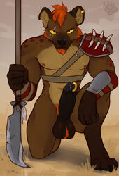 accessory anthro armor athletic athletic_anthro athletic_male ball_tuft balls biceps big_balls big_penis black_penis bodily_fluids bone brown_body brown_fur claws dripping dungeons_and_dragons ear_piercing facial_hair facial_scar fangs foreskin fur genital_fluids genital_piercing genitals gnoll gnorr goatee hair hasbro hi_res huge_balls huge_cock humanoid_genitalia humanoid_penis hyaenid jewelry kneeling leg_markings looking_at_viewer male mammal markings melee_weapon mohawk multicolored_body multicolored_fur muscular muscular_male nude penile penis penis_accessory penis_jewelry penis_piercing piercing pixelflare polearm precum precum_drip prince_albert_piercing pubes red_pubes retracted_foreskin scar socks_(marking) solo spear spots spotted_body spotted_fur spotted_hyena stare teeh thick_penis tribal tuft two_tone_body two_tone_fur uncut weapon wizards_of_the_coast