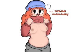 copyright_request curly_hair english_text female hat kambeenie medium_breasts no_bra shirt_lift smile solo tagme white_background