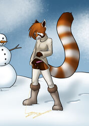 ailurid anthro big_tail black_nose bodily_fluids carrot clothed clothing clothing_aside cursive danaume digital_media_(artwork) eyebrows female food footwear furry genital_fluids genitals hi_res legwear lifted_clothing looking_down mammal markings outside panties panties_aside partially_clothed peeing plant pussy red_panda shaded snow snowman solo standing stick stockings sweater tail_markings tomboy tongue tongue_out topwear turtleneck_sweater underwear underwear_aside urine urine_stream vegetable watersports winter writing_text yellow_snow