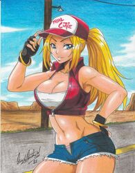 1girls 2021 bare_midriff bare_thighs big_breasts blonde_hair blue_eyes breasts canon_genderswap cleavage fatal_fury female_terry looking_at_viewer pencil_(artwork) pointy_chin ravern_clouk rule_63 shorts snk snk_heroines:_tag_team_frenzy solo solo_female tagme terry_bogard toned_female unbuttoned_pants