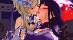 2girls 3d animated blush bouncing_breasts breast_grab breasts closed_eyes female female_only fondling french_kiss genshin_impact gif kissing large_breasts lumine_(genshin_impact) open_mouth raiden_shogun sensitive submissive tongue tongue_out touching_breast yuri